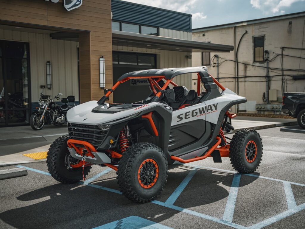 White and orange off-road Segway side-by-side vehicle with a roll cage, parked in a handicap spot outside a storefront with motorcycles nearby.