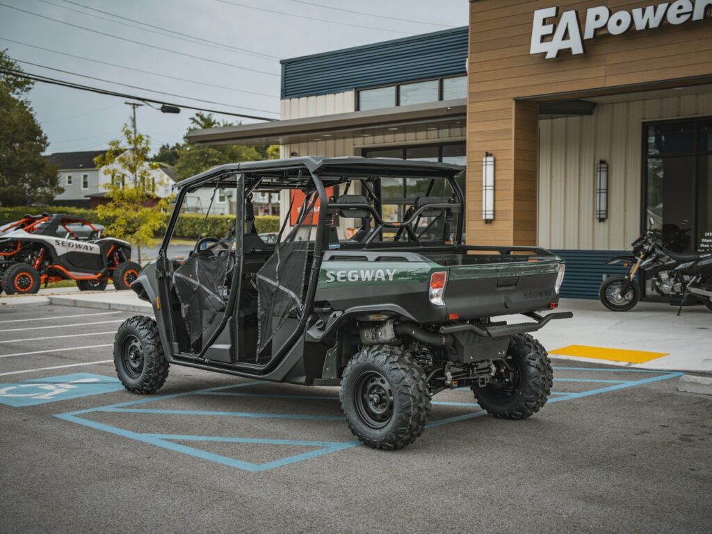 Open-air Segway off-road utility vehicle parked in a handicapped parking space outside a storefront emblazoned with EA Power signage.”,
