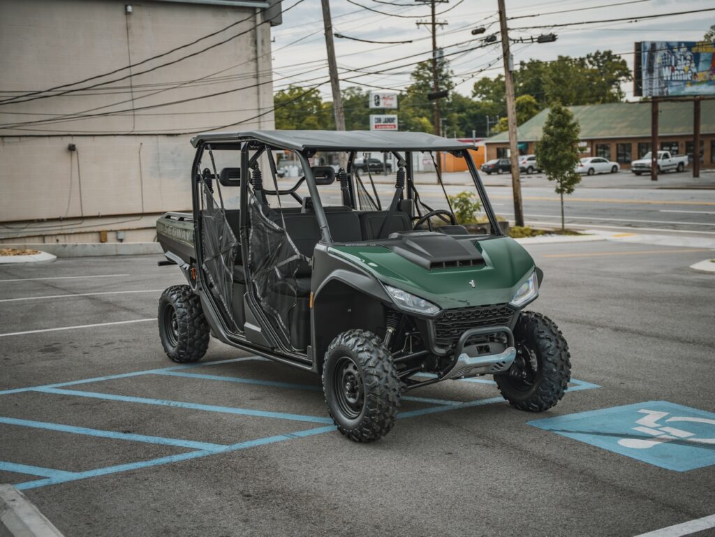 Green off-road utility vehicle (side-by-side) with a roll cage parked in a disabled parking space. Four seats visible, rugged tires.