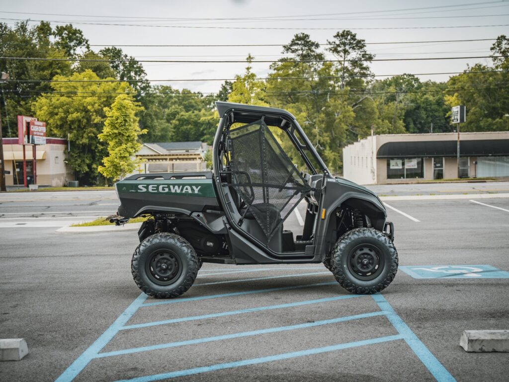 Green Segway utility vehicle with protective cage parked in a handicap-accessible parking space.